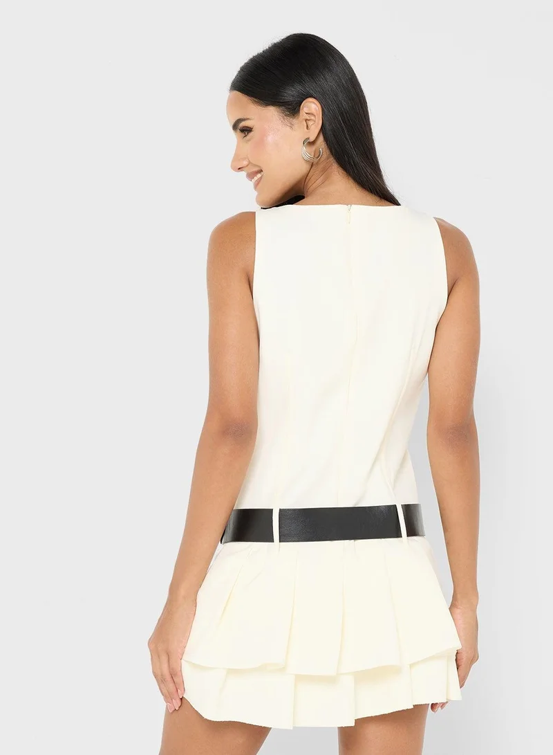 Ginger Drop Waist Belted Dress with Frill Detail