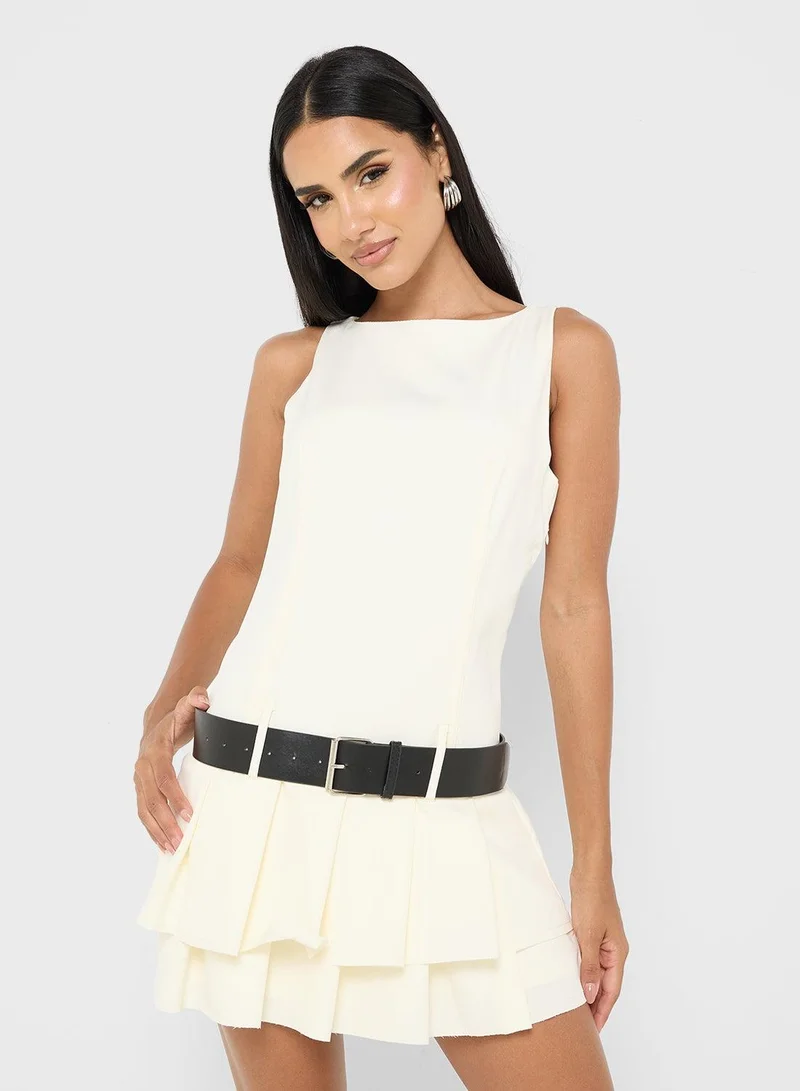 Ginger Drop Waist Belted Dress with Frill Detail