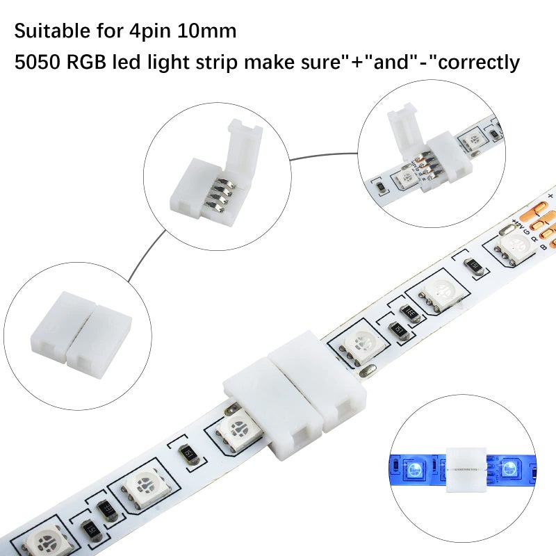 VIPMOON 10PCS 4Pin 10mm Led Light Strip Connector Kit T-Shape L-Shape Right Angle Corner Connectors Solderless for 10mm Wide 5050 RGB LED Strip Lights - Image 2