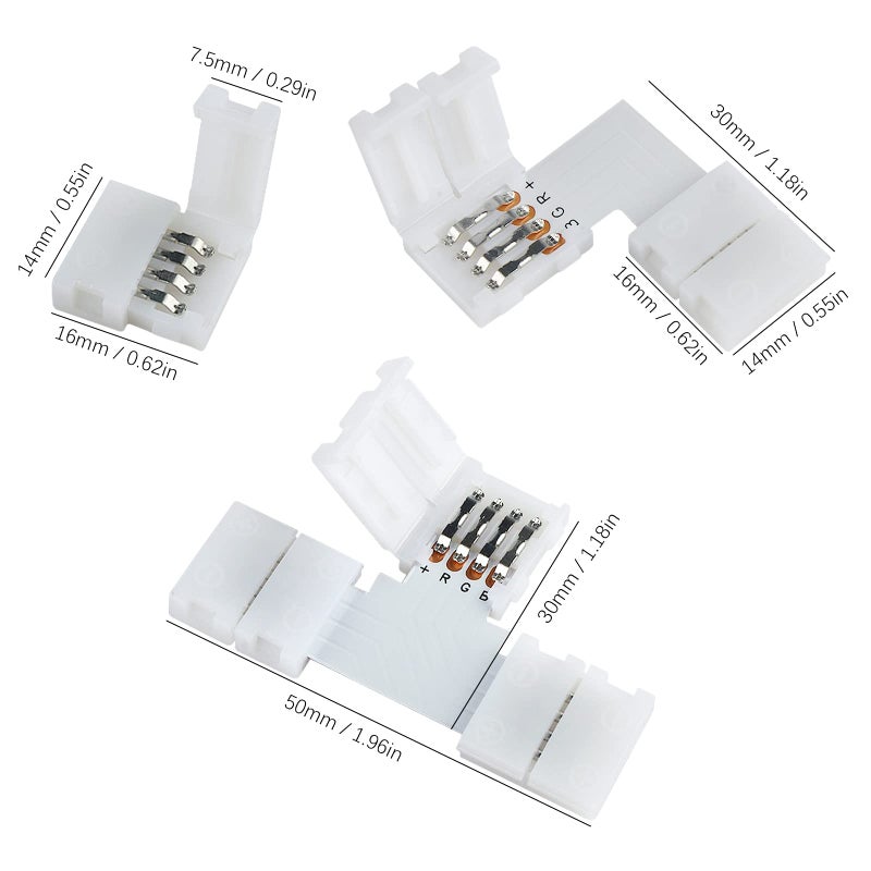 VIPMOON 10PCS 4Pin 10mm Led Light Strip Connector Kit T-Shape L-Shape Right Angle Corner Connectors Solderless for 10mm Wide 5050 RGB LED Strip Lights - Image 3