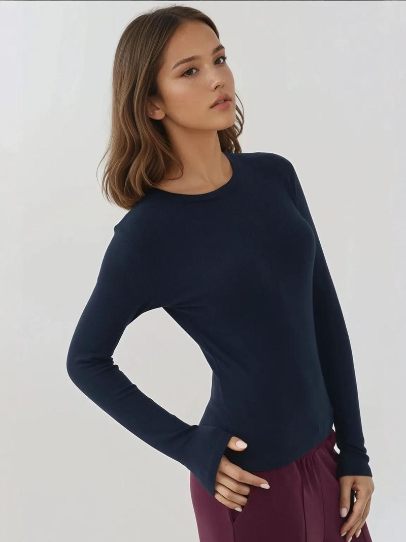 HICCUP Ultra Soft Touch Slim Fit Crew Neck Long Sleeve Basic Top - Image 4