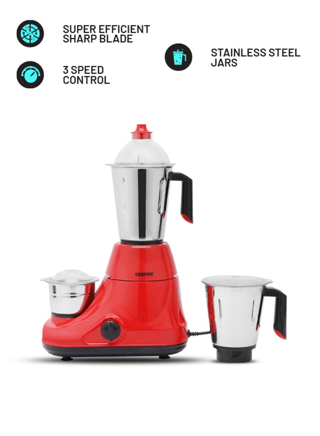 GEEPAS Mixer Grinder 750W Powerful Copper Motor with Stainless Steel Jars and Blades Unbreakable Polycarbonate Jar Caps Overload Protector 750 W GSB5081N Silver, red - Image 1