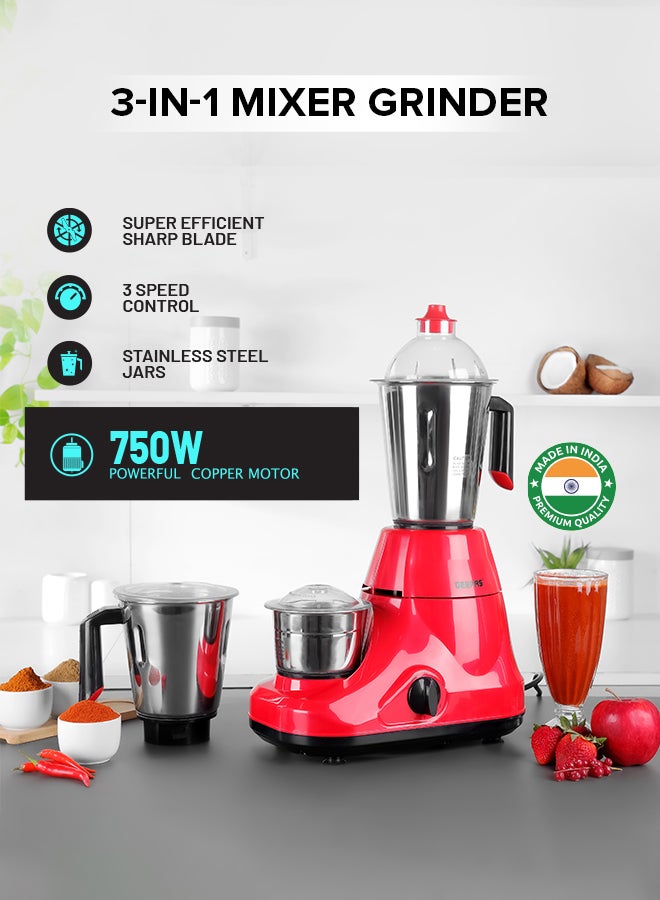 GEEPAS Mixer Grinder 750W Powerful Copper Motor with Stainless Steel Jars and Blades Unbreakable Polycarbonate Jar Caps Overload Protector 750 W GSB5081N Silver, red - Image 2