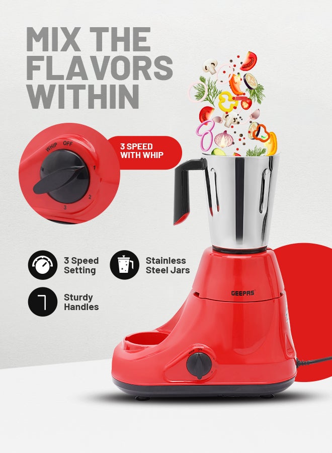 GEEPAS Mixer Grinder 750W Powerful Copper Motor with Stainless Steel Jars and Blades Unbreakable Polycarbonate Jar Caps Overload Protector 750 W GSB5081N Silver, red - Image 5