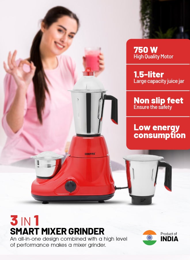 GEEPAS Mixer Grinder 750W Powerful Copper Motor with Stainless Steel Jars and Blades Unbreakable Polycarbonate Jar Caps Overload Protector 750 W GSB5081N Silver, red - Image 4