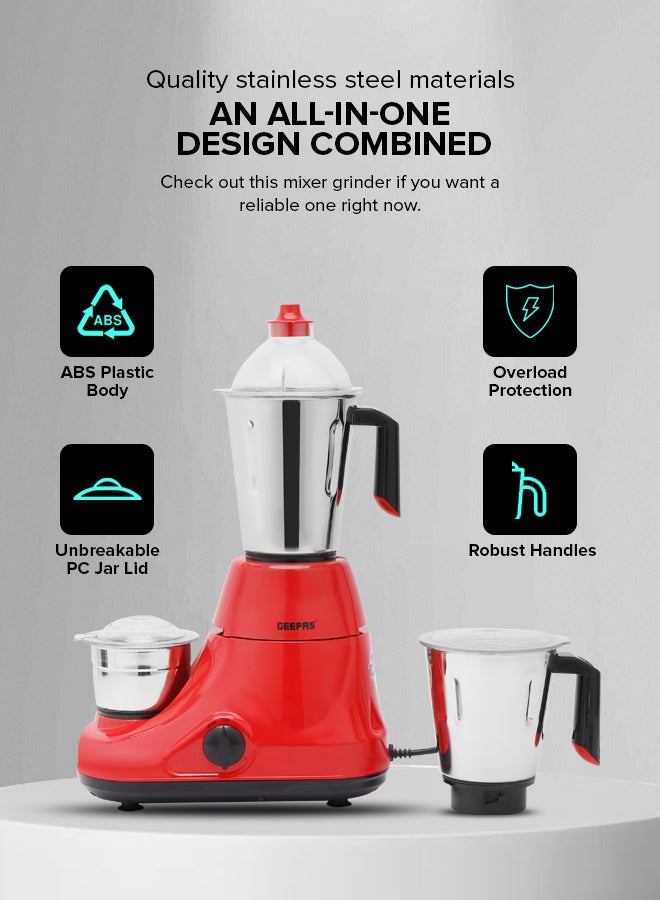 GEEPAS Mixer Grinder 750W Powerful Copper Motor with Stainless Steel Jars and Blades Unbreakable Polycarbonate Jar Caps Overload Protector 750 W GSB5081N Silver, red - Image 3