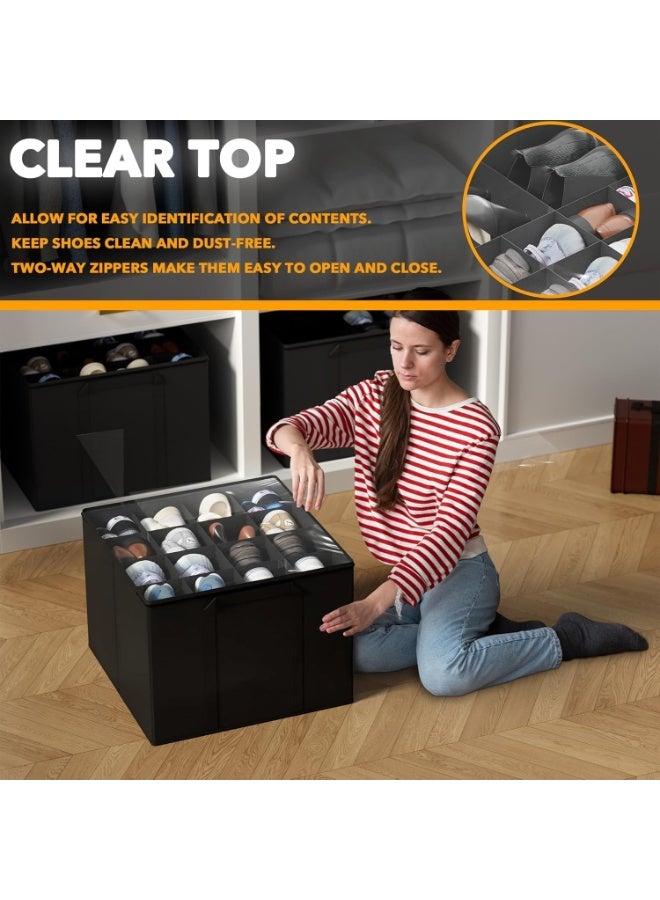 فالمر منظم أحذية للخزانة، يتسع لـ 16 زوجًا، حاويات تخزين كبيرة لصناديق الأحذية، صناديق تخزين أحذية شفافة قابلة للطي مع دعم سفلي، حامل أحذية موفر للمساحة مع مقابض معززة - أسود - Image 4