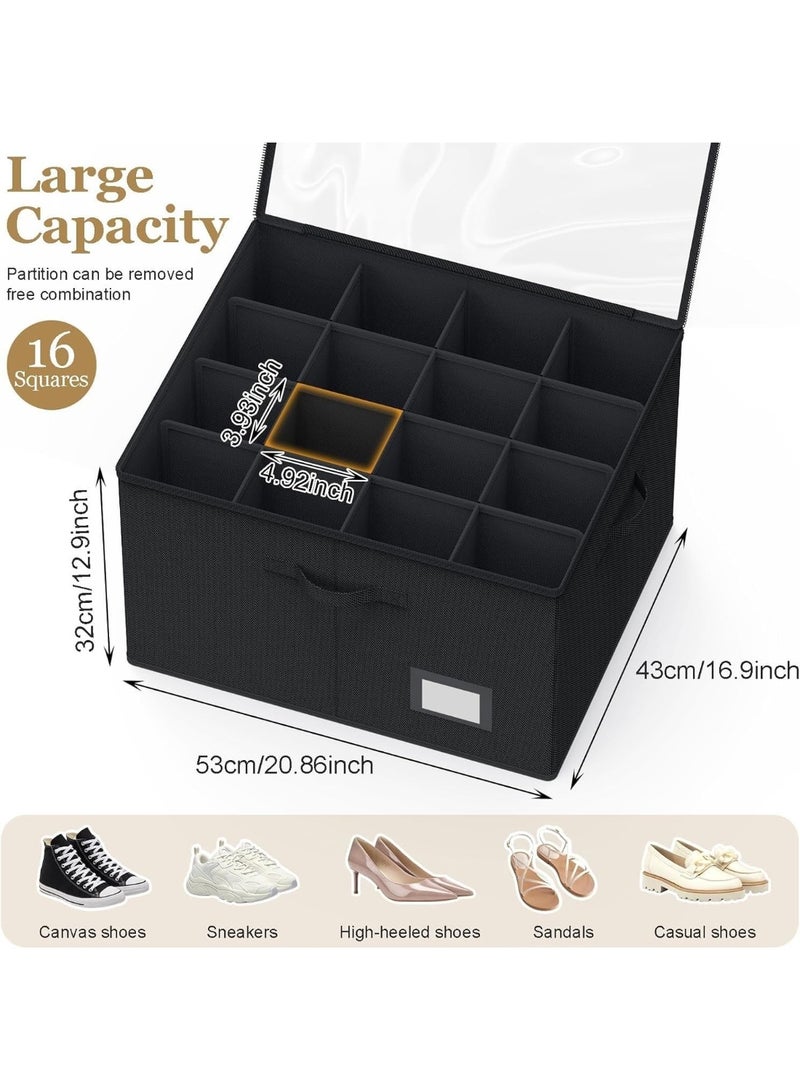 فالمر منظم أحذية للخزانة، يتسع لـ 16 زوجًا، حاويات تخزين كبيرة لصناديق الأحذية، صناديق تخزين أحذية شفافة قابلة للطي مع دعم سفلي، حامل أحذية موفر للمساحة مع مقابض معززة - أسود - Image 3