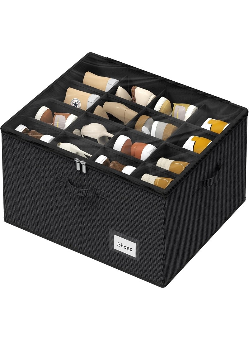 فالمر منظم أحذية للخزانة، يتسع لـ 16 زوجًا، حاويات تخزين كبيرة لصناديق الأحذية، صناديق تخزين أحذية شفافة قابلة للطي مع دعم سفلي، حامل أحذية موفر للمساحة مع مقابض معززة - أسود - Image 1