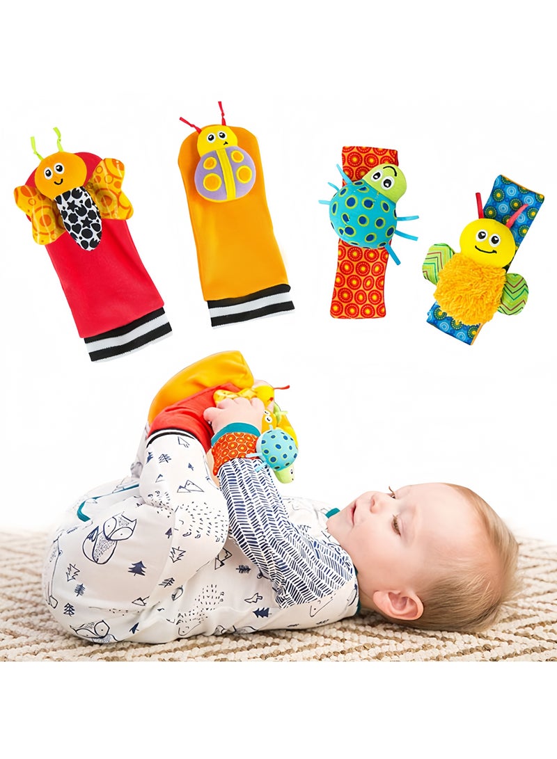 4Pcs Infant Socks And Wrist Rattles Toy Set For Kids，Wrist Rattles Foot Finder Rattle Sock Baby Toddlor Toy, Rattle Toy, Arm Hand Bracelet Rattle, Feet Leg Ankle Socks, Present Gift for Newborn Infant Babies Boy Girl Bebe (4 Bugs) - Image 1
