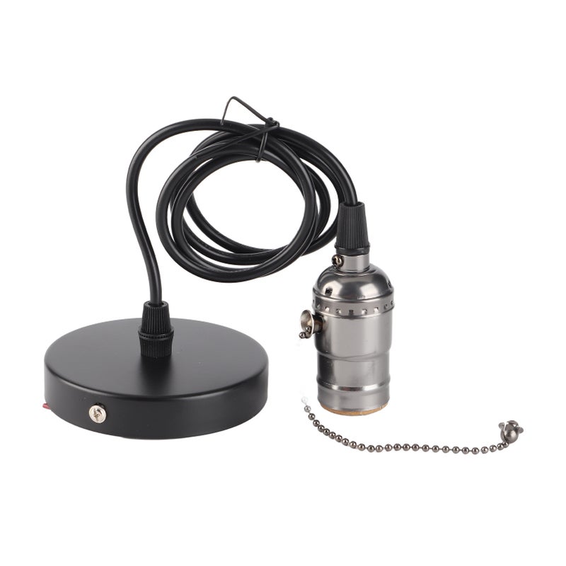 E26 Vintage Pendant Light Holder with Pull Chain Switch Lamp Base Ceiling Mounted (Black) - Image 2
