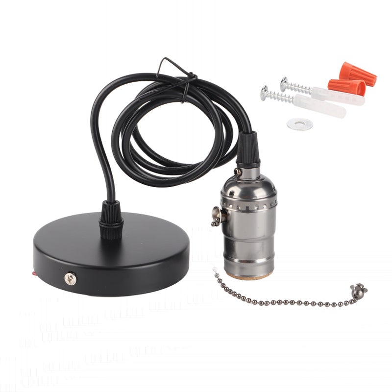 E26 Vintage Pendant Light Holder with Pull Chain Switch Lamp Base Ceiling Mounted (Black) - Image 1