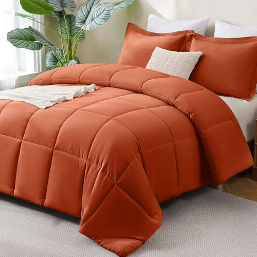 CozyLux Queen Size Comforter Sets Terracotta - 3 Pieces Burnt Orange Box Stitched Queen Bed Set for All Seasons, Soft Lightweight Bedding Sets with 1 Down Alternative Comforter and 2 Pillow Shams - Image 1