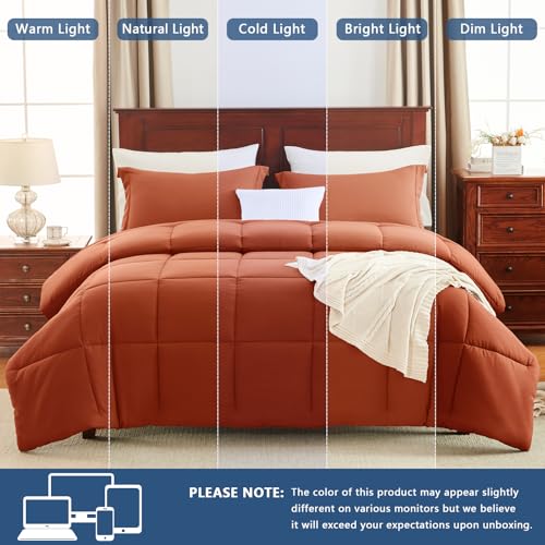 CozyLux Queen Size Comforter Sets Terracotta - 3 Pieces Burnt Orange Box Stitched Queen Bed Set for All Seasons, Soft Lightweight Bedding Sets with 1 Down Alternative Comforter and 2 Pillow Shams - Image 5