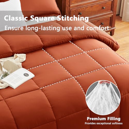 CozyLux Queen Size Comforter Sets Terracotta - 3 Pieces Burnt Orange Box Stitched Queen Bed Set for All Seasons, Soft Lightweight Bedding Sets with 1 Down Alternative Comforter and 2 Pillow Shams - Image 2