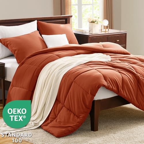 CozyLux Queen Size Comforter Sets Terracotta - 3 Pieces Burnt Orange Box Stitched Queen Bed Set for All Seasons, Soft Lightweight Bedding Sets with 1 Down Alternative Comforter and 2 Pillow Shams - Image 3