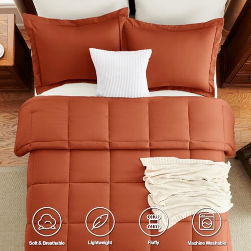 CozyLux Queen Size Comforter Sets Terracotta - 3 Pieces Burnt Orange Box Stitched Queen Bed Set for All Seasons, Soft Lightweight Bedding Sets with 1 Down Alternative Comforter and 2 Pillow Shams - Image 4