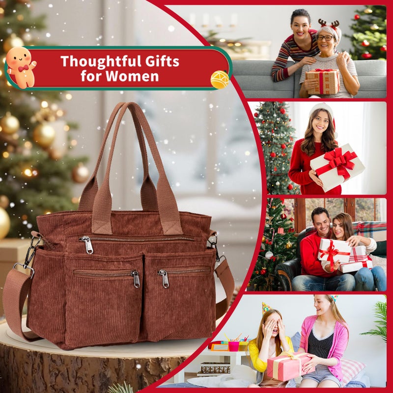 YDF Corduroy Tote Bag for Women, Top Handle Shoulder Purse with Crossbody Strap, Everyday Work Travel Tote Bag for School, Brown - Image 3