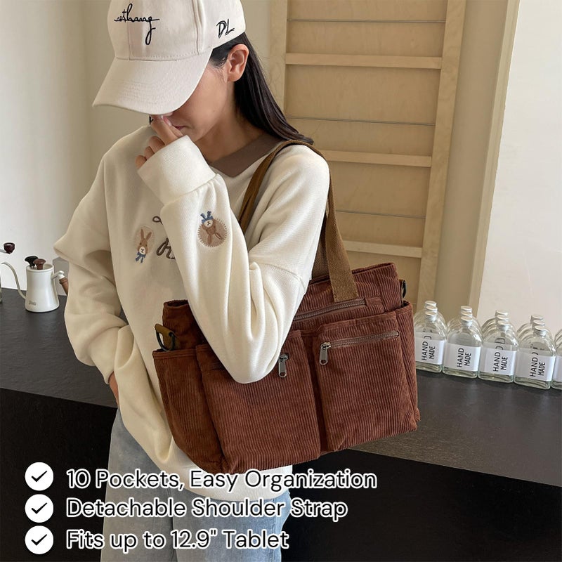 YDF Corduroy Tote Bag for Women, Top Handle Shoulder Purse with Crossbody Strap, Everyday Work Travel Tote Bag for School, Brown - Image 4