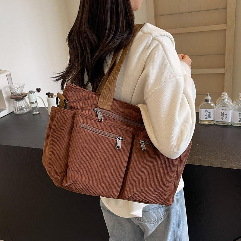 YDF Corduroy Tote Bag for Women, Top Handle Shoulder Purse with Crossbody Strap, Everyday Work Travel Tote Bag for School, Brown - Image 2