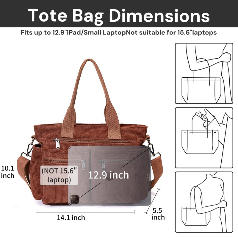 YDF Corduroy Tote Bag for Women, Top Handle Shoulder Purse with Crossbody Strap, Everyday Work Travel Tote Bag for School, Brown - Image 5