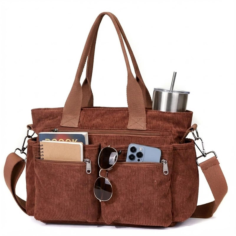 YDF Corduroy Tote Bag for Women, Top Handle Shoulder Purse with Crossbody Strap, Everyday Work Travel Tote Bag for School, Brown - Image 1