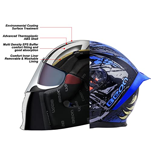 BEON Full Face Motorcycle Helmet, Street Bike Helmet with Clear&Tinted Visors and Multiple Vents, Motocross Casco DOT Approved for Adult Men Women, S-XL (L, Glossy Beast) - Image 3