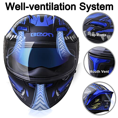 BEON Full Face Motorcycle Helmet, Street Bike Helmet with Clear&Tinted Visors and Multiple Vents, Motocross Casco DOT Approved for Adult Men Women, S-XL (L, Glossy Beast) - Image 4