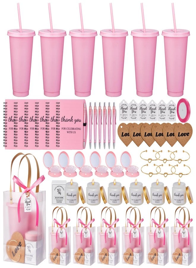 Rigibright 50Pcs Baby Shower Prizes for Game Winners Baby Shower Favors Gifts including Plastic Tumbler Notebook Scented Candles Ballpoint Pen Mirrors with Hair Brushes Bracelet Gift Bag (Pink) - Image 1