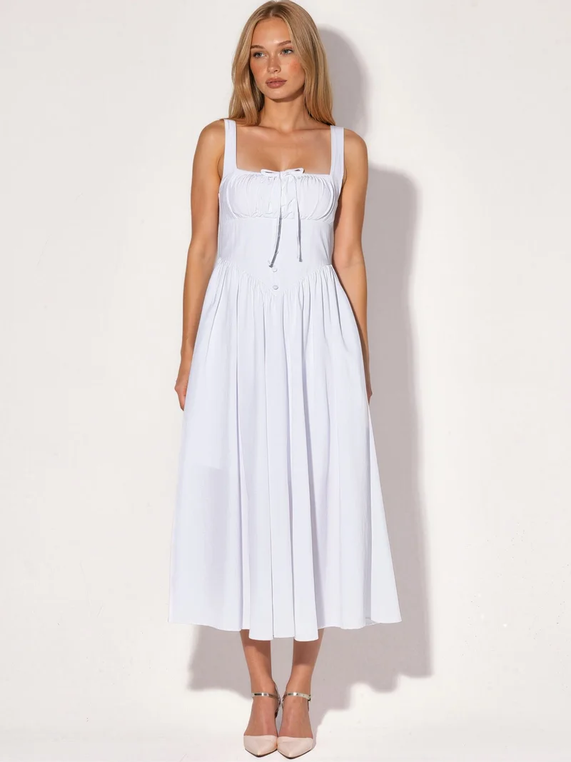 بوسيم BUSEM Midi Dress with Square Collar and Button Detail