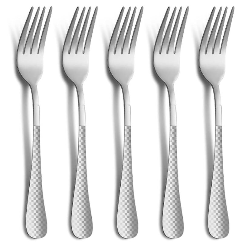 KitchEase 81 Sterling Silver Dinner Forks Set of 5 with Checks Printed Handle Durable Stainless Steel Silverware Mirror Polished Forks Perfect for Home Restaurant and Gifting - Image 1