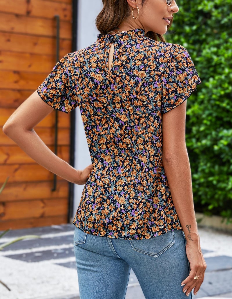 SimpleFun Boho Blouses for Women Dressy Casual Short Sleeve Ruffle Crew Neck Boho Floral Tops Pleated Shirts Black L - Image 4