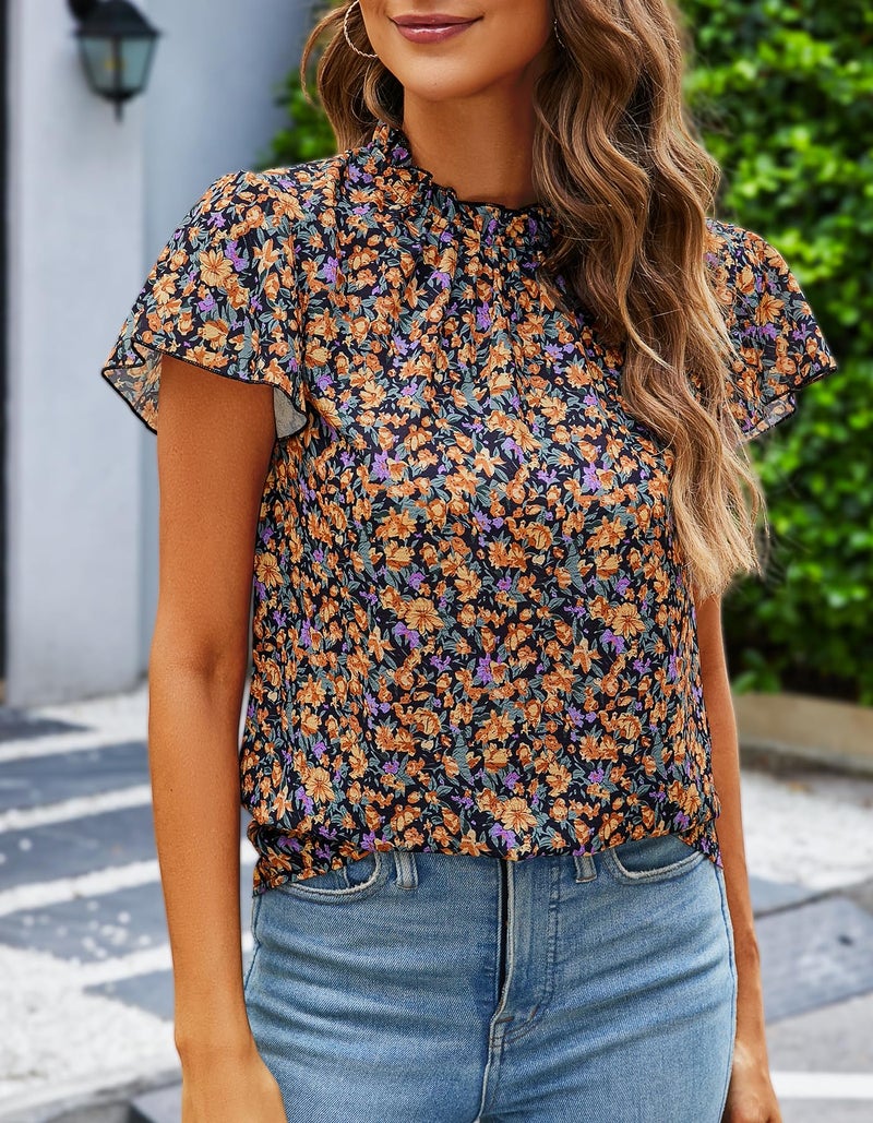 SimpleFun Boho Blouses for Women Dressy Casual Short Sleeve Ruffle Crew Neck Boho Floral Tops Pleated Shirts Black L - Image 2