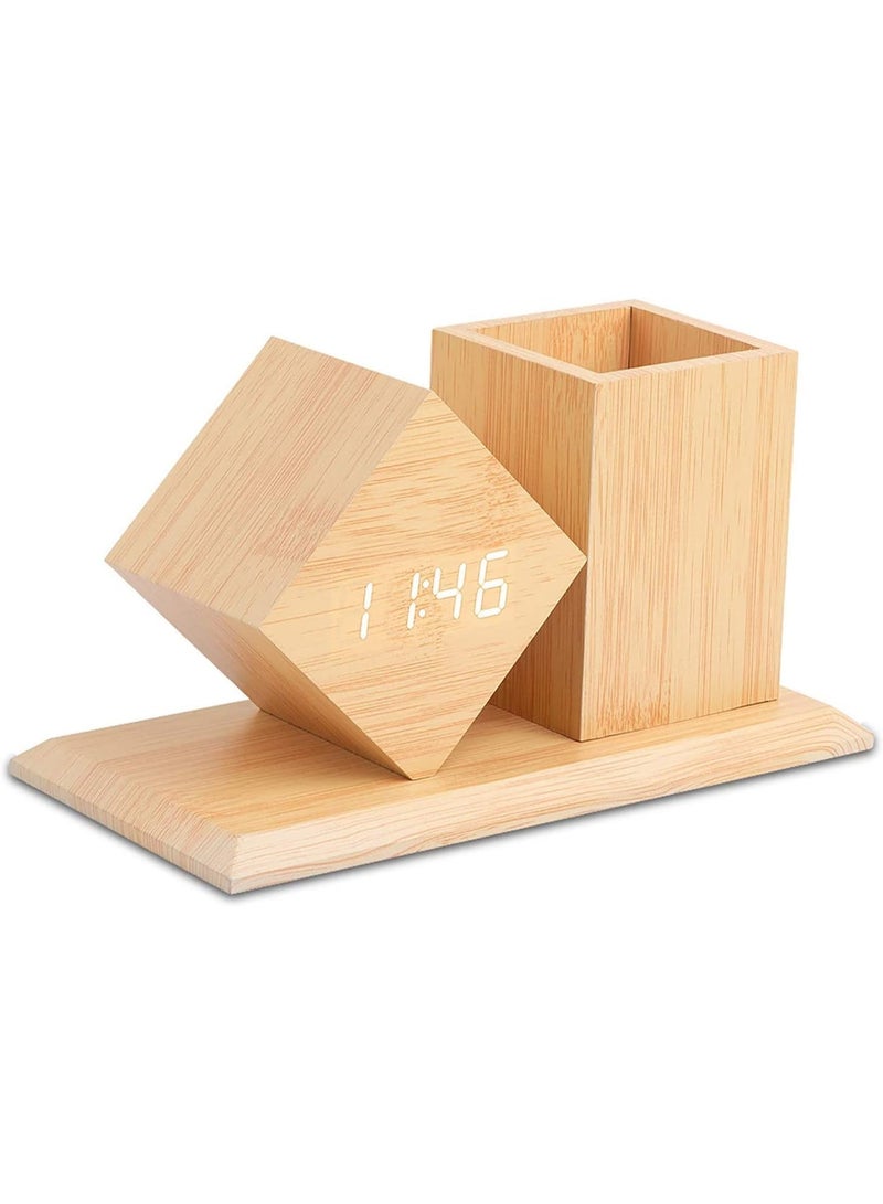 LED Wooden Cube Pen Holder and Alarm Clock with Temperature Display Multifunctional Desk Organizer Night Light Gift for Students Office Home  - Image 1