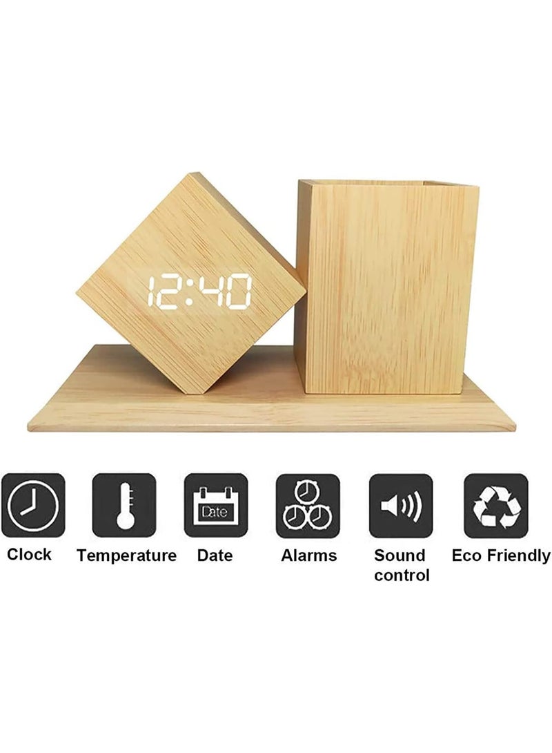 LED Wooden Cube Pen Holder and Alarm Clock with Temperature Display Multifunctional Desk Organizer Night Light Gift for Students Office Home  - Image 3