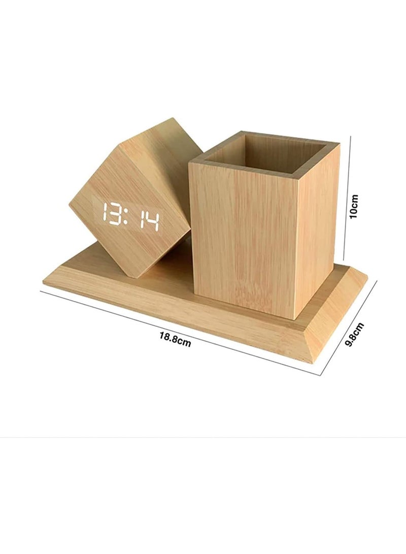 LED Wooden Cube Pen Holder and Alarm Clock with Temperature Display Multifunctional Desk Organizer Night Light Gift for Students Office Home  - Image 2