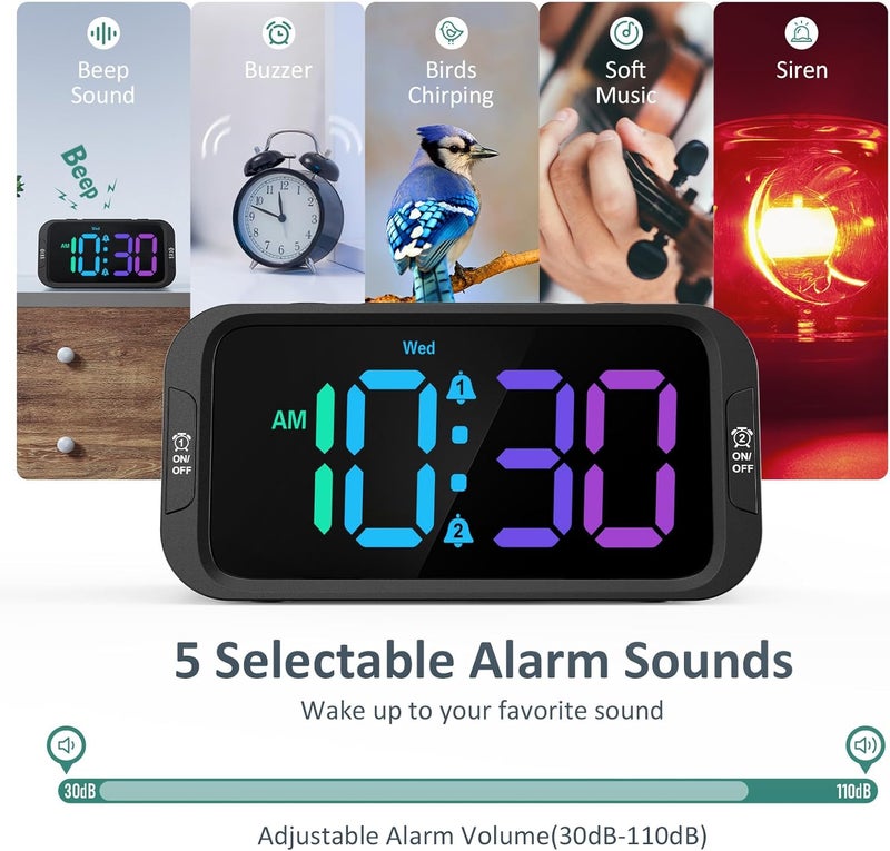 Odokee Digital Dual Alarm Clock for Bedroom: RGB Electric Clock with USB Charger for Kids Teens - Dimmable Clock with Weekday Weekend Mode for Bedside Desk - Image 5