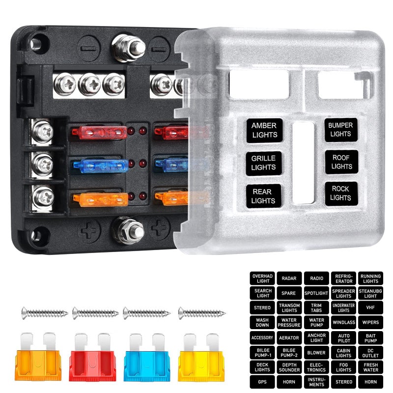 6Way Marine Fuse BlockWaterproof 12v Fuse Block with LED Indicator for 12V24V Automotive Golf Cart Truck Car Boat Marine RV Motorcycle