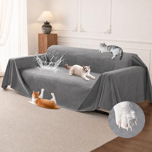 Loiion LOllON Velvet Couch Cover for Cats Dogs Kids - 100% Waterproof Cat Scratch Resistant Sofa Cover, Non-Slip Washable Furniture Protector,Ultra Soft Pet-Friendly Slipcover for 3-Seat Sofa 134"X71" Grey - Image 1