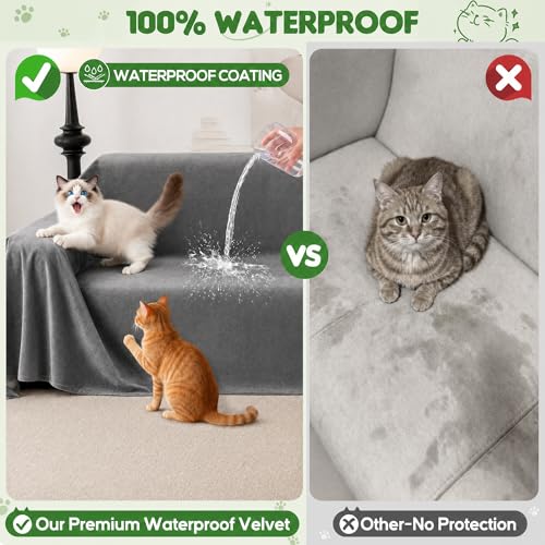 Loiion LOllON Velvet Couch Cover for Cats Dogs Kids - 100% Waterproof Cat Scratch Resistant Sofa Cover, Non-Slip Washable Furniture Protector,Ultra Soft Pet-Friendly Slipcover for 3-Seat Sofa 134"X71" Grey - Image 4