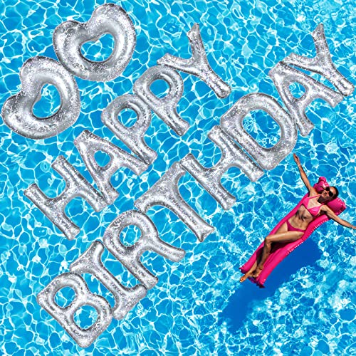 Minatee 15 Pcs Happy Birthday Pool Float Inflatable Letter Heart Pool Party Float Combo Large 20 Letter Balloons Float Decoration Water Swimming Pool Beach Toys with 40 Pcs Adhesive Dots for Party Silver - Image 1