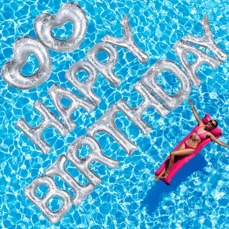 Minatee 15 Pcs Happy Birthday Pool Float Inflatable Letter Heart Pool Party Float Combo Large 20 Letter Balloons Float Decoration Water Swimming Pool Beach Toys with 40 Pcs Adhesive Dots for Party Silver - Image 2
