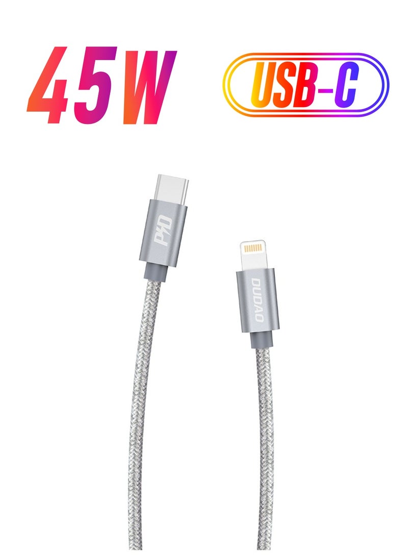 DUDAO INET iPhone Charger Cable USB C to Lightning  Cable Fast Charging Power Delivery PD 45W Compatible for iPhone 14/14 Pro/14 Plus/14 Pro Max, iPad Pro, iPhone 8-13 All Series (1M) Gray - L5Pro  - Image 1