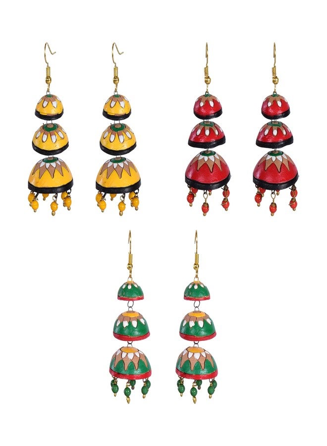 RAI COLLECTION مجموعة راي كوليكشن، أقراط جومكا طويلة من الطين المحروق، 3 قطع للنساء - Image 1