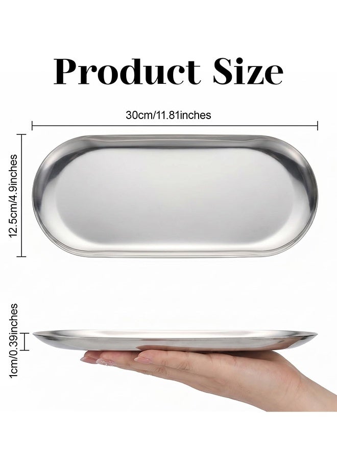 Set of 3 Oval Silver Stainless Steel Decorative Trays 7 Inch Long,Multipurpose Small Storage Tray for Jewelry Cosmetics Bathroom Organizer Dessert Cake Coffee Serving Platter Home Dec - Image 2
