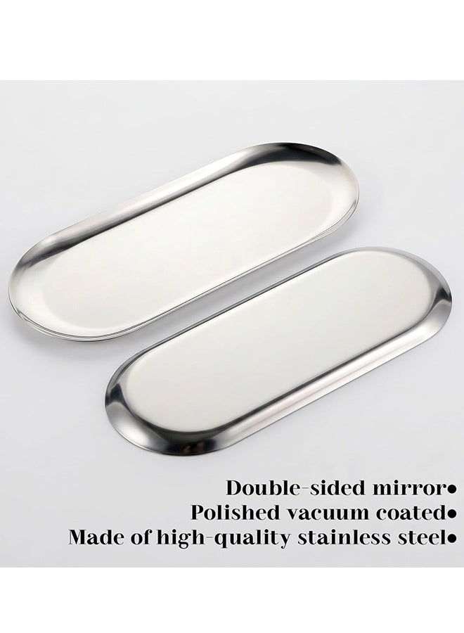 Set of 3 Oval Silver Stainless Steel Decorative Trays 7 Inch Long,Multipurpose Small Storage Tray for Jewelry Cosmetics Bathroom Organizer Dessert Cake Coffee Serving Platter Home Dec - Image 4