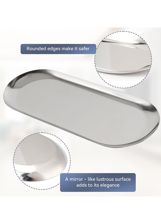 Set of 3 Oval Silver Stainless Steel Decorative Trays 7 Inch Long,Multipurpose Small Storage Tray for Jewelry Cosmetics Bathroom Organizer Dessert Cake Coffee Serving Platter Home Dec - Image 5