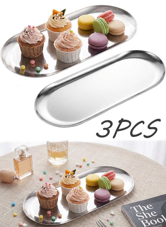 Set of 3 Oval Silver Stainless Steel Decorative Trays 7 Inch Long,Multipurpose Small Storage Tray for Jewelry Cosmetics Bathroom Organizer Dessert Cake Coffee Serving Platter Home Dec - Image 1