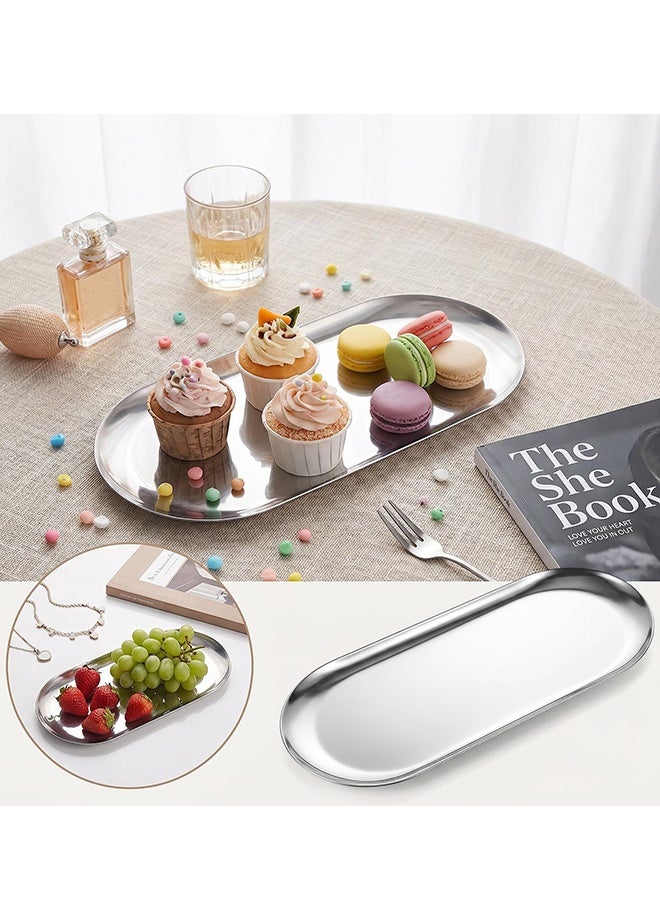 Set of 3 Oval Silver Stainless Steel Decorative Trays 7 Inch Long,Multipurpose Small Storage Tray for Jewelry Cosmetics Bathroom Organizer Dessert Cake Coffee Serving Platter Home Dec - Image 3