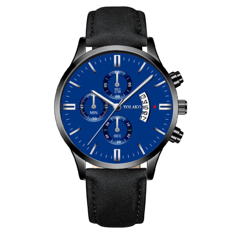Trendy Mens Calendar Leather Quartz Watch Blue Plate silver needle black shell Black Belt